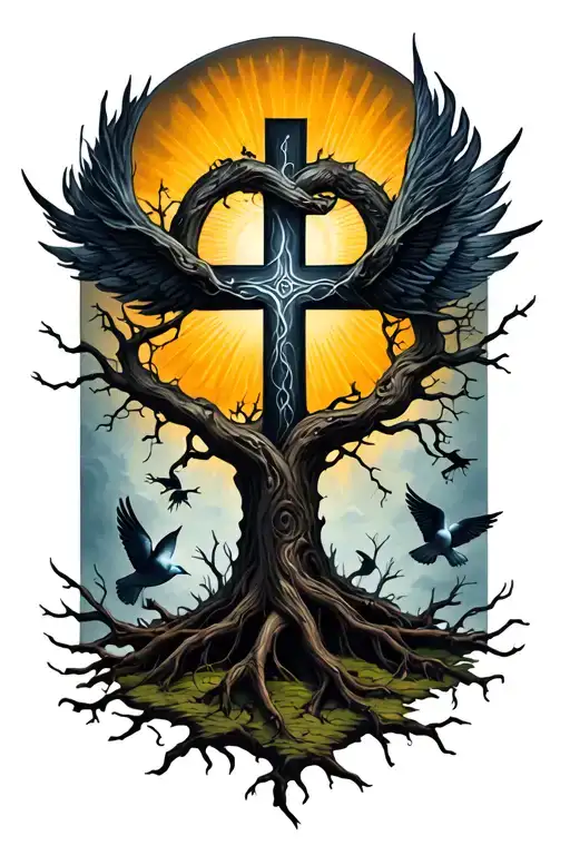 black poison tree with a cross intertwined with sun rays and doves tattoo design idea