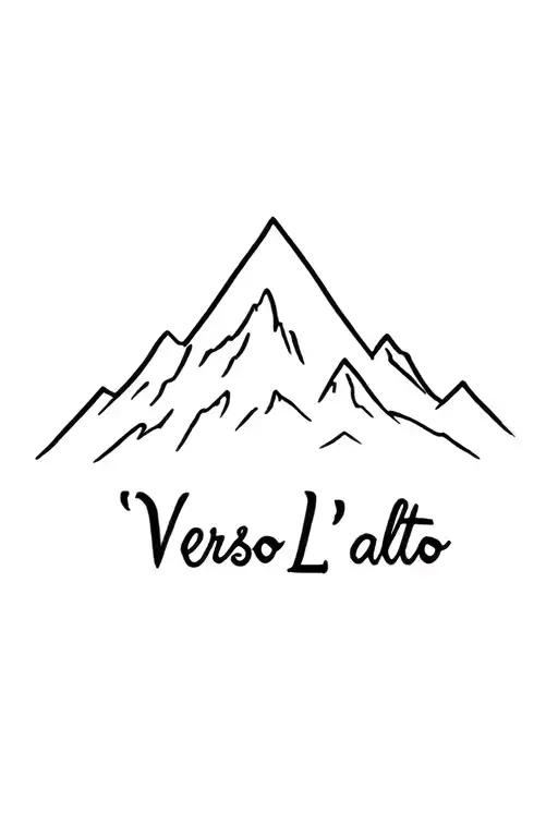 "Verso L'alto" simple mountain silhouette with medium sized cursive writing up the side tattoo design idea