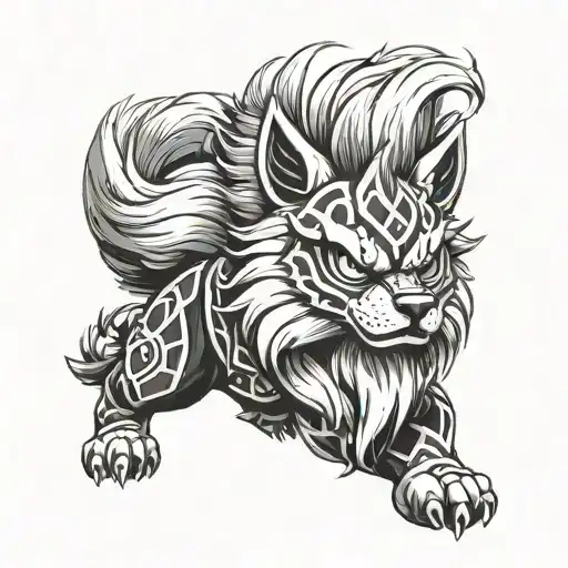 Arcanine wearing an oni mask tattoo design idea