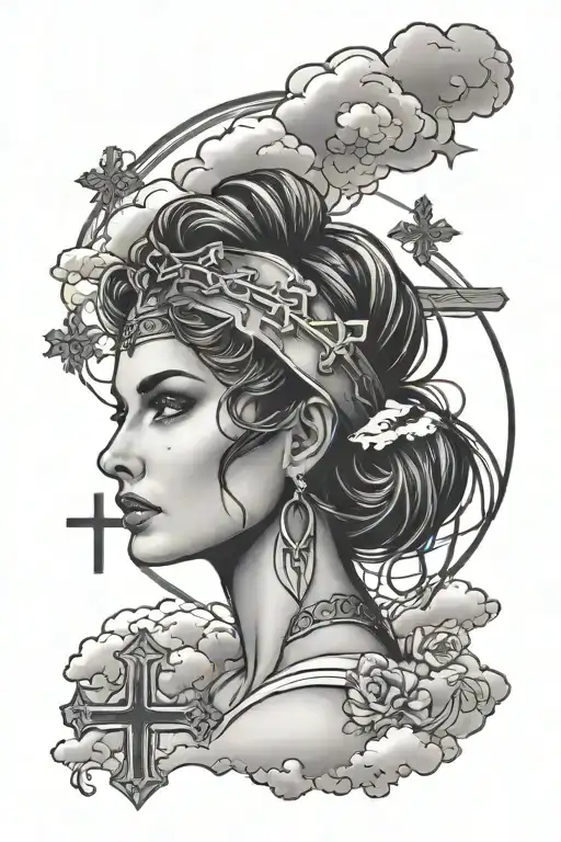  pretty woman with imposing eyes with clouds below and heavenly light above and 3 crosses on the distance/background tattoo design idea