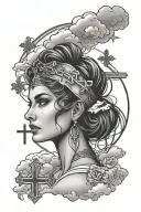  pretty woman with imposing eyes with clouds below and heavenly light above and 3 crosses on the distance/background tattoo design idea