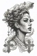  pretty woman with imposing eyes with clouds below and heavenly light above and 3 crosses on the distance/background tattoo design idea