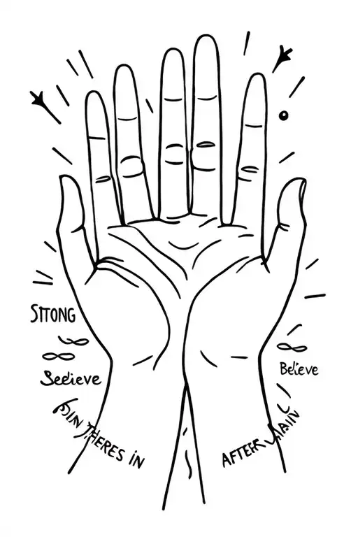 Praise hands, the word "Blessed", "Stay Strong", "Believe in Yourself", "Theres Sun After Rain". tattoo design idea