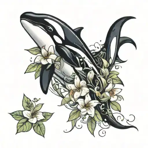 orca and West coast and Arabian jasmine tattoo design idea