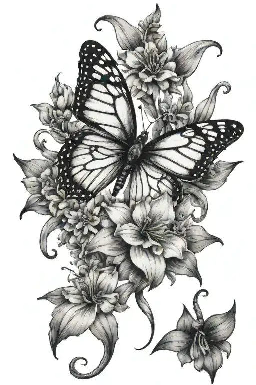 Spine tattoo with a monarch butterfly, daisys, calla Lilly’s, and bluebells  tattoo design idea