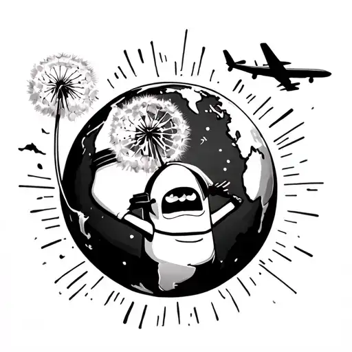 minion holding dandelion flower and airplane flying over a world tattoo design idea