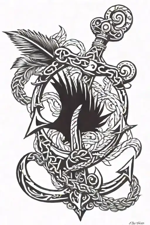 anchor made of wrenches with rope and a feather   tattoo design idea
