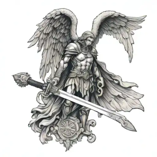 a W with St Michael the Archangel sword and wings  tattoo design idea