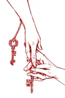 coraline inspired key and other mother's hand holding with a pop of red tattoo design idea