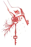 coraline inspired key and other mother's hand holding with a pop of red tattoo design idea