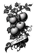 A vine starting at the wrist, spiraling upward along the arm, with branches and fruit reaching outward. The word "Abide" tattoo design idea
