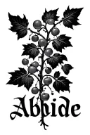 A vine starting at the wrist, spiraling upward along the arm, with branches and fruit reaching outward. The word "Abide" tattoo design idea