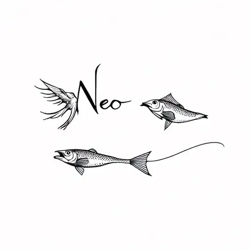 Fish, Crow, and the name "Neo" tattoo design idea