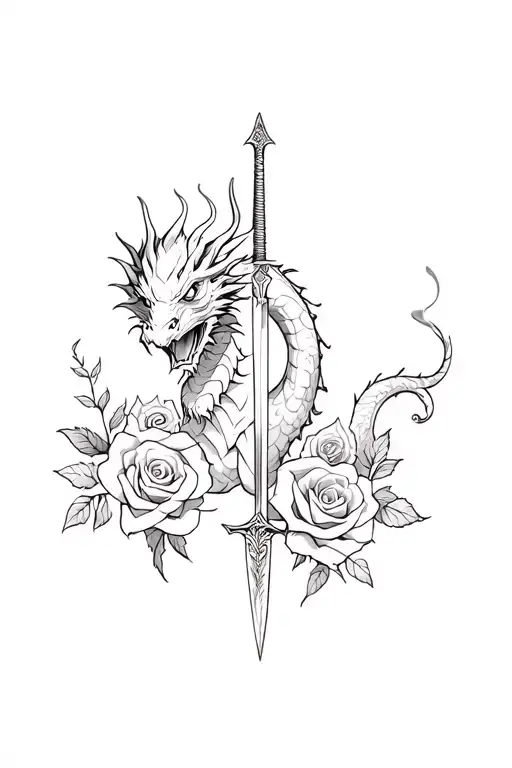 dragon and little dagger and roses tattoo design idea