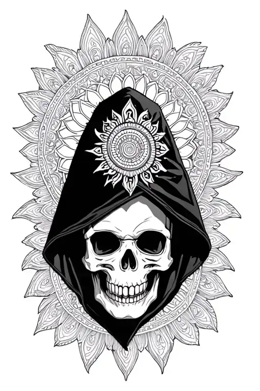 Skull wearing a black hood on top of a mandala. Medium fine line tattoo design idea