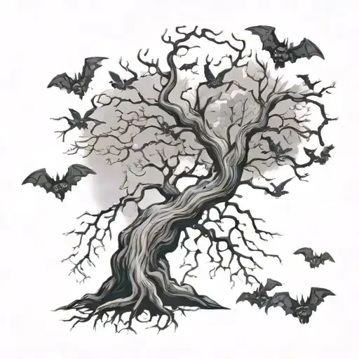 poison tree with bats flying tattoo design idea