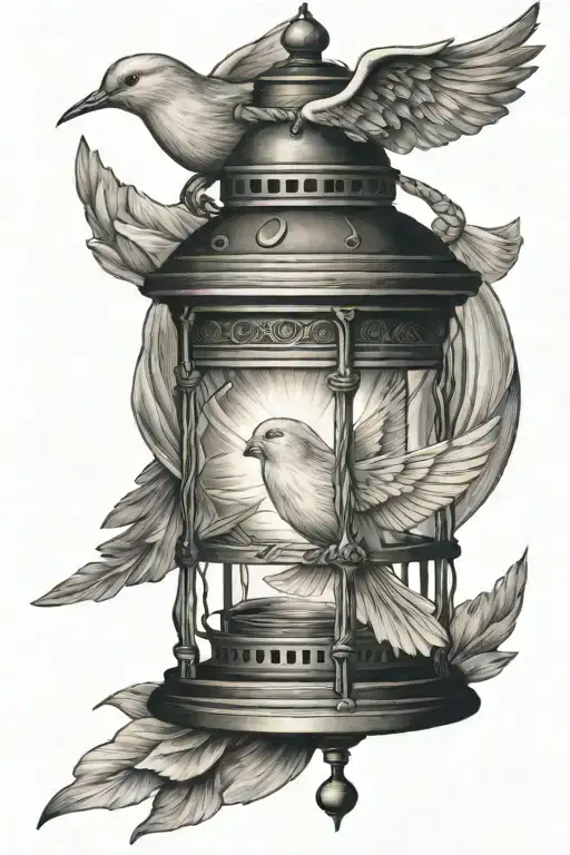 medieval lantern and dove flying tattoo design idea