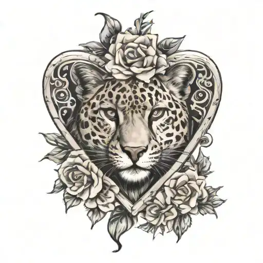hearts with cheetah print, surrounded by flower frame tattoo design idea