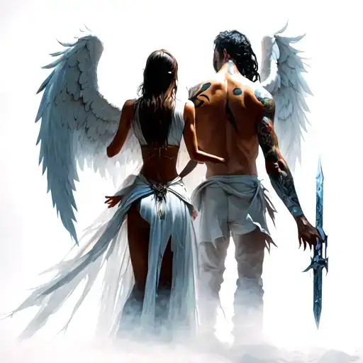 Girl angel and man death, both with cold weapons from behind, death in light armor, angel half-naked, both reaching out  tattoo design idea