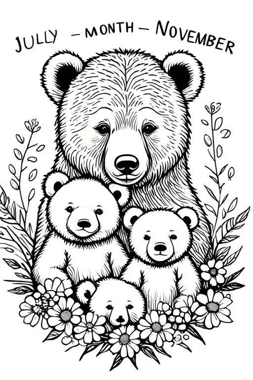 mama bear and 2 baby bears with birth month flowers for July and November  around them  tattoo design idea
