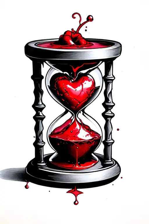 memento mori tattoo with an hourglass with a realistic heart and red liquid in the top of the hourglass with the red liq tattoo design idea