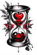 memento mori tattoo with an hourglass with a realistic heart and red liquid in the top of the hourglass with the red liq tattoo design idea