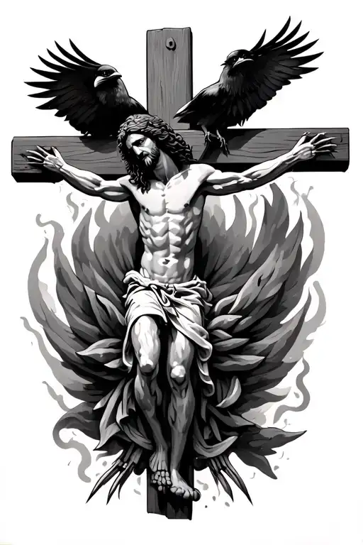 jesus on cross with crows perched and flying with claws tattoo design idea