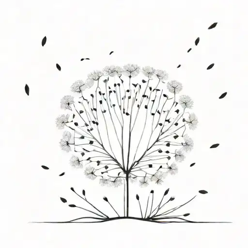 A dandelion seed head with seeds floating away forming the shape of a heart tattoo design idea