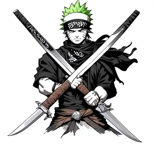 zoro one peace holding his three swords with his bandanna on tattoo design idea