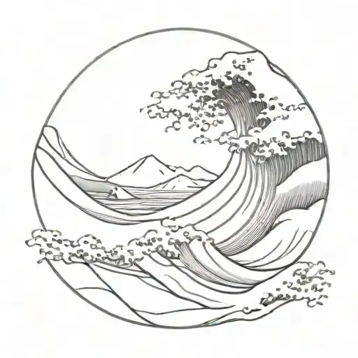 Japanese great wave with mount fuji background black and white tattoo design idea
