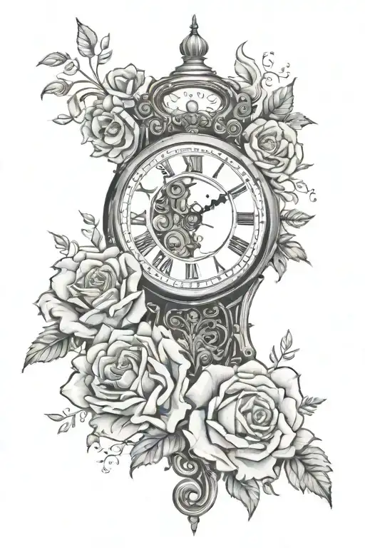 full arm tattoo with flowers a broken antique clock and 3 dates tattoo design idea