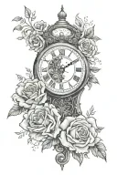 full arm tattoo with flowers a broken antique clock and 3 dates tattoo design idea