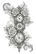 full arm tattoo with flowers a broken antique clock and 3 dates tattoo design idea