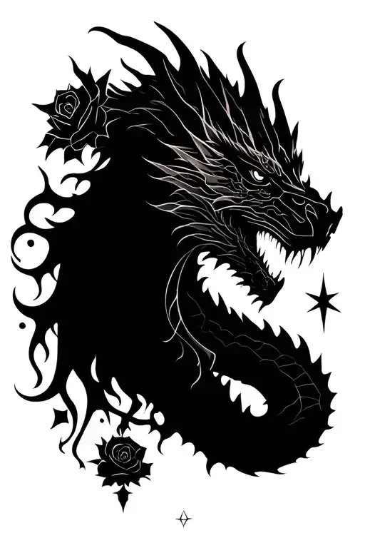 Main Dragon (Drug), Silhouette of Daenerys, Elements: Black Roses, Thorns, Moons, Stars, Tarot Type Symbols tattoo design idea