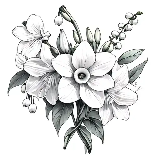 daffodil, lily of the valley, Paperwhite Narcissus, morning glories, larkspur tattoo design idea