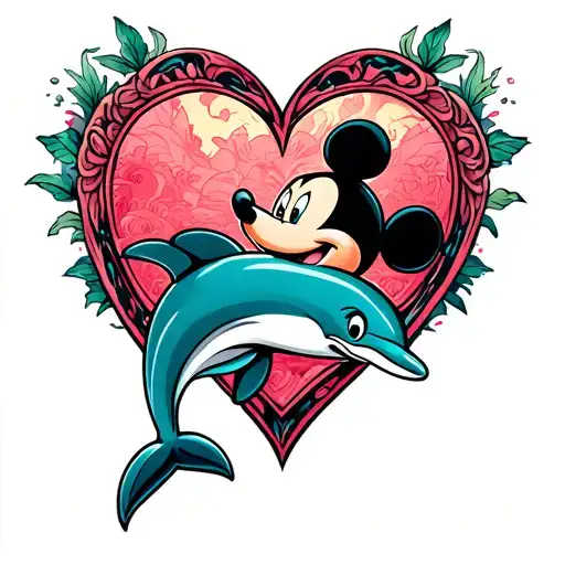 mickey mouse dolphin forming heart tattoo design idea