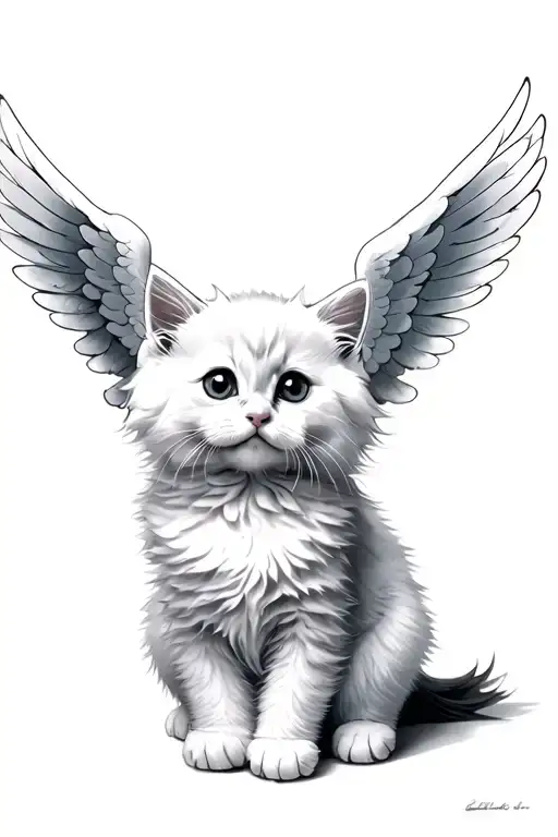 white fluffy kitten with angel wings spread wide tattoo design idea