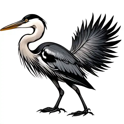 Heron bird with long tail feathers in Art deco style tattoo design idea