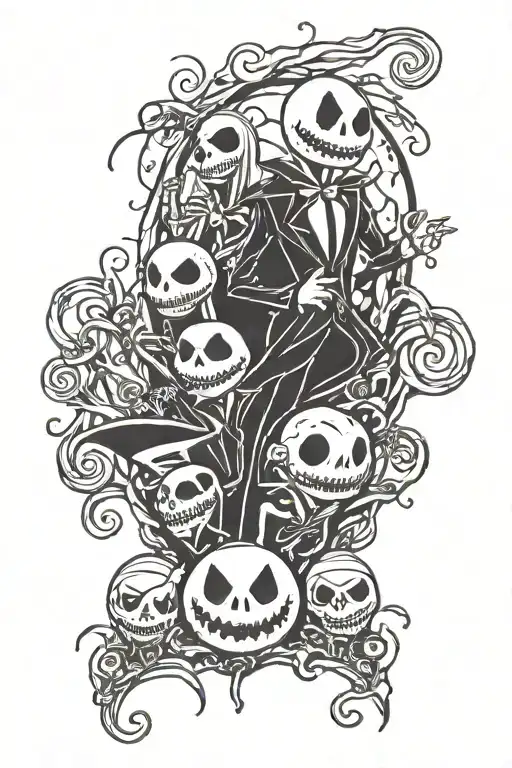 nightmare before christmas with jack, oogie boogie, and lock shock and barrel tattoo design idea