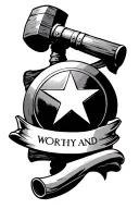 captain america shield with thor hammer and a scroll that says worthy  tattoo design idea