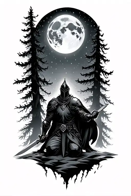 Dark scarry starry forest with a big moon with A black knight on his knees holding A sword saying protector of the night tattoo design idea