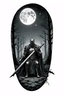 Dark scarry starry forest with a big moon with A black knight on his knees holding A sword saying protector of the night tattoo design idea