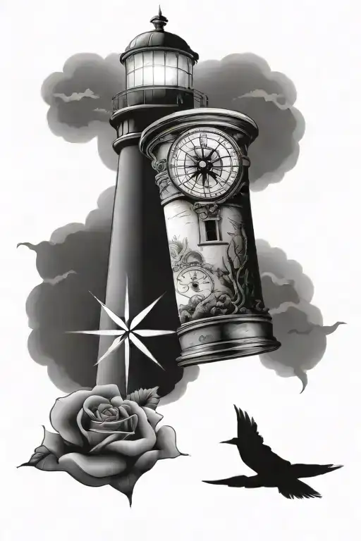 lighthouse, compass, Isiah 57:1 bible verse written tattoo design idea