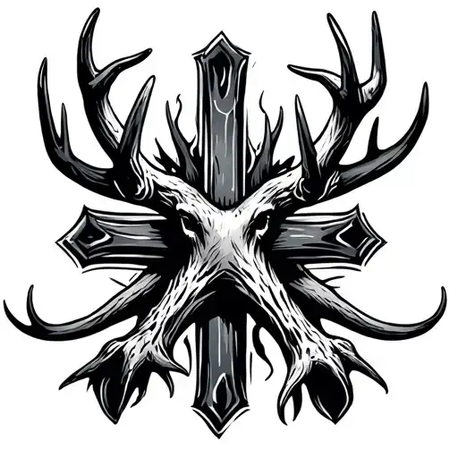 Antlers and fishing hook shaped into cross  tattoo design idea