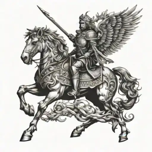 Knight, lion and Pegasus. tattoo design idea