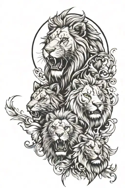 3 lions upper body roaring, big butterfly, full moon tattoo design idea
