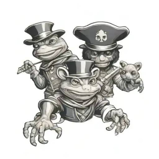 3 musketeers one with a frog head one with a teddy bears head  and one with ai bold head tattoo design idea