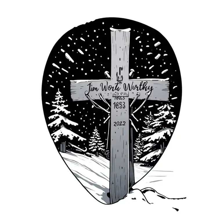 Cross made of skis in snow memorial piece for Jim Worthy with dates 1965-2022 tattoo design idea