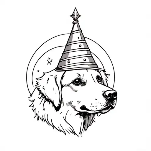 Golden Retriever puppy head wear a knight hat with the moon behind  tattoo design idea