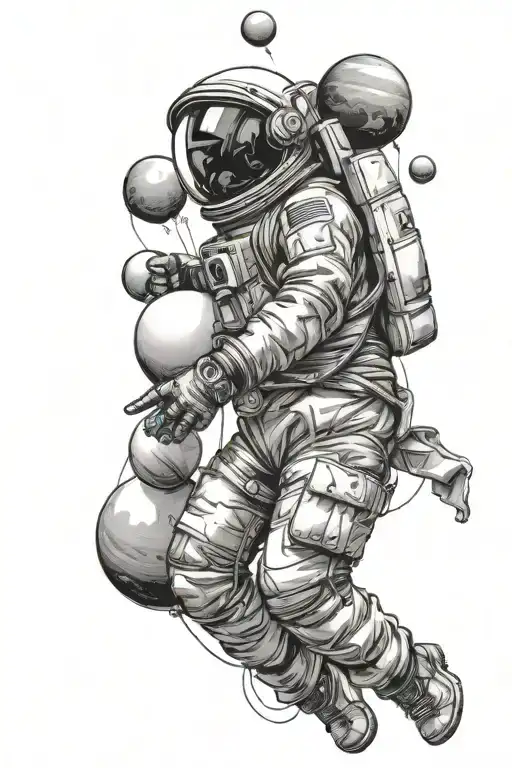 An astronaut floating sideways holding balloons in the shape of planets. tattoo design idea
